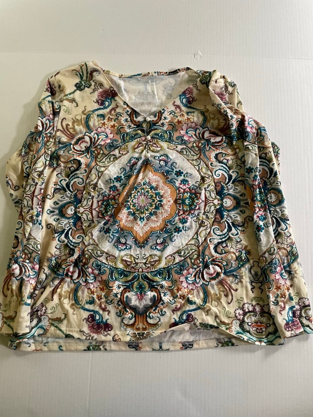 Women’s Long Sleeve Boho Shirt Size M White Blue Pink Orange